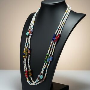 Vintage Ethnic Necklace Multi Strand Glass Gemstone Millefiori Trade Beads Boho